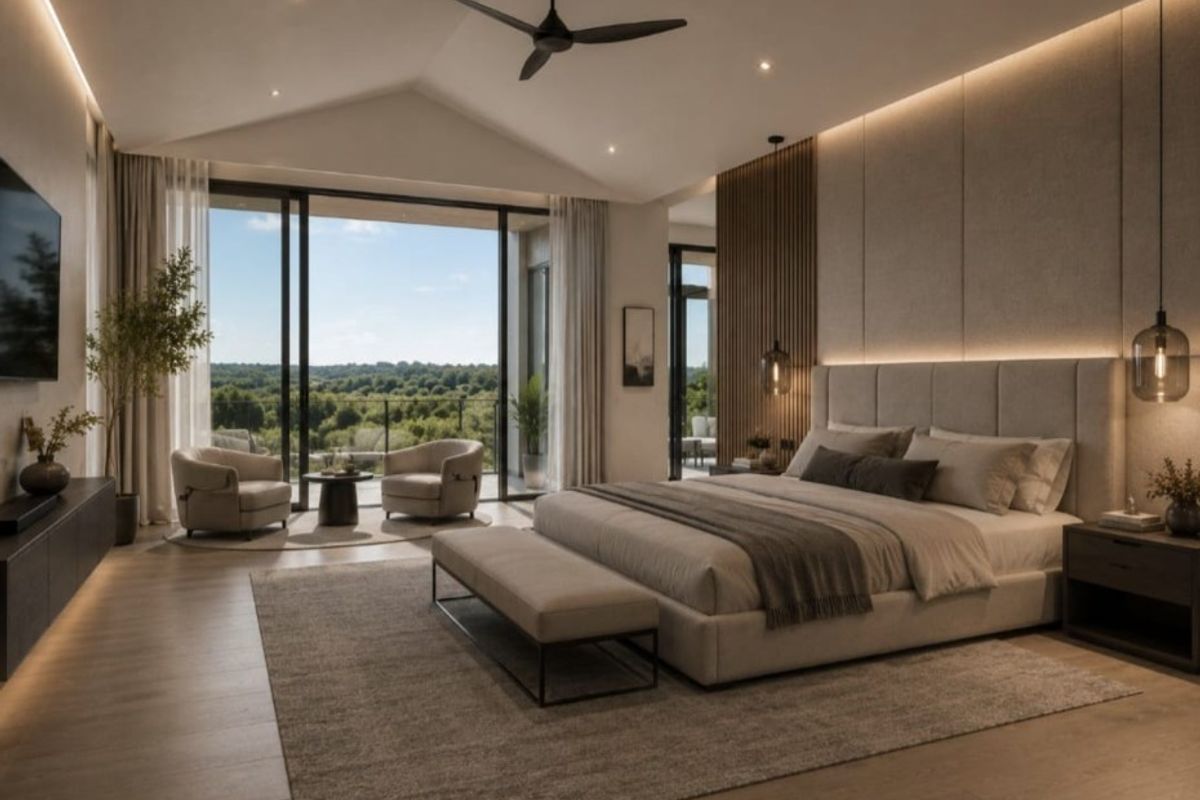 A spacious, modern bedroom featuring high vaulted ceilings, integrated LED accent lighting, timber slat wall paneling, and large sliding glass doors opening to a balcony.