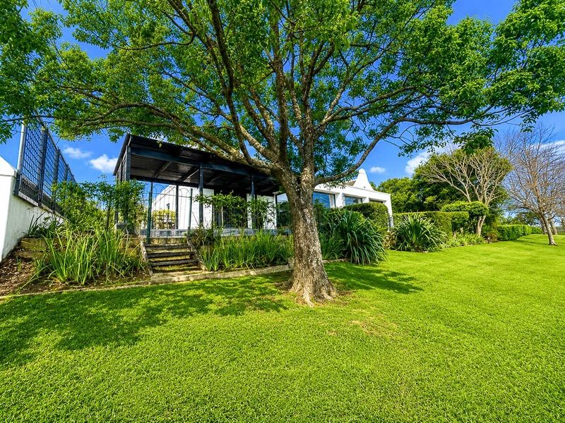 A well-maintained rear garden featuring a large mature tree, a covered patio area, and stone steps leading up to the main residence.
