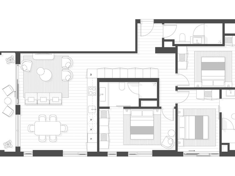 A detailed architectural floor plan showing a two-bedroom apartment layout with an open-plan living area, kitchen, and balcony.