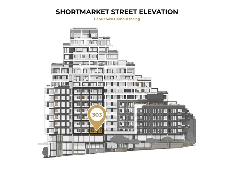 Architectural elevation drawing of the building facade, highlighting the location of unit 303 with a map pin marker.
