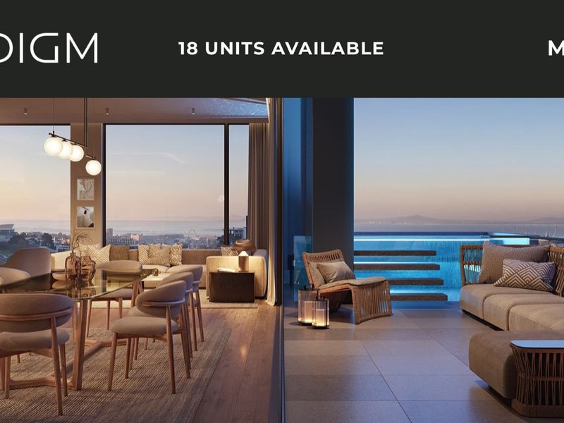 A luxury open-plan living area seamlessly connecting to a private balcony with a plunge pool and panoramic city views.