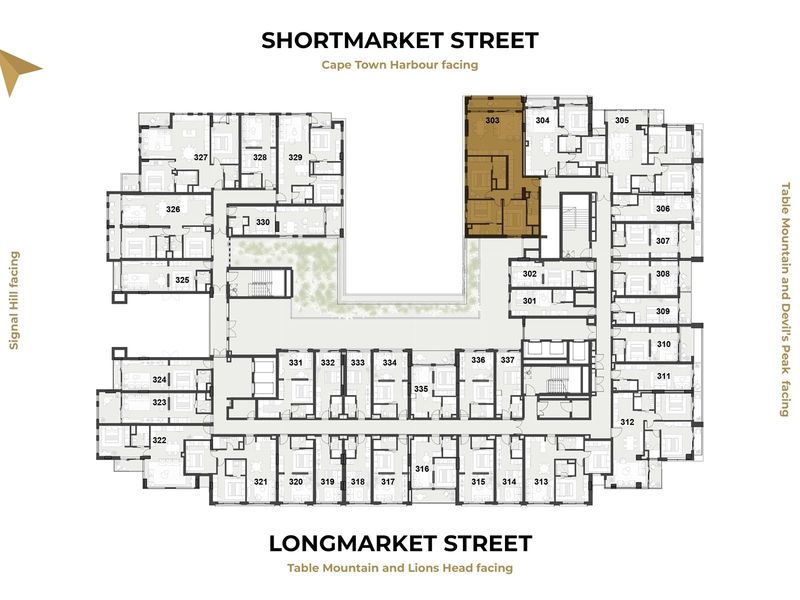 A detailed floor plan showing the layout of the apartment building with unit numbers and street orientations.