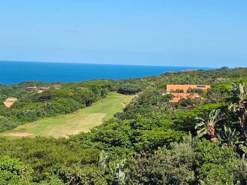 A scenic elevated view overlooking a lush green golf course, dense coastal vegetation, and the ocean in the distance.