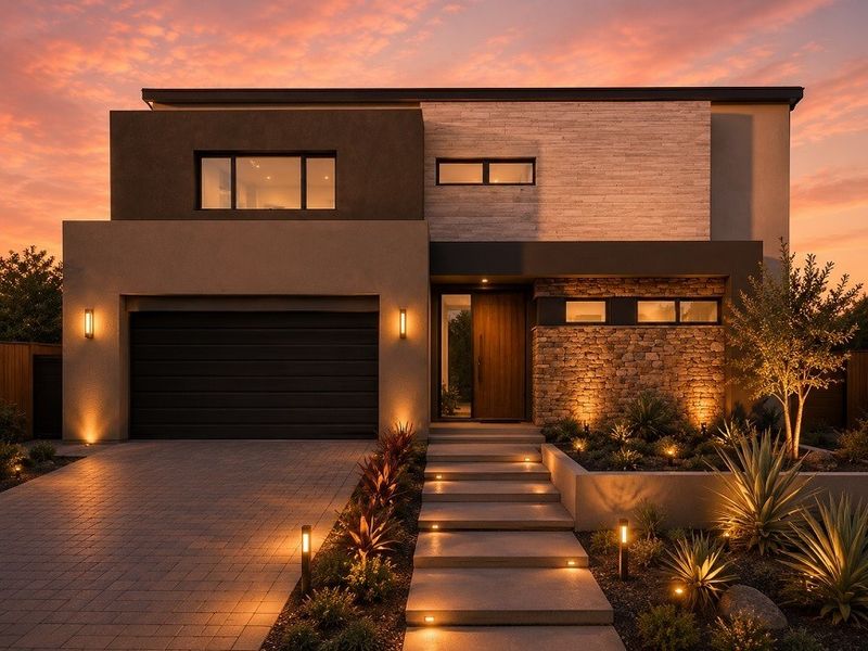 Modern architectural front facade featuring stone cladding, integrated lighting, paved driveway, and landscaped garden at sunset.