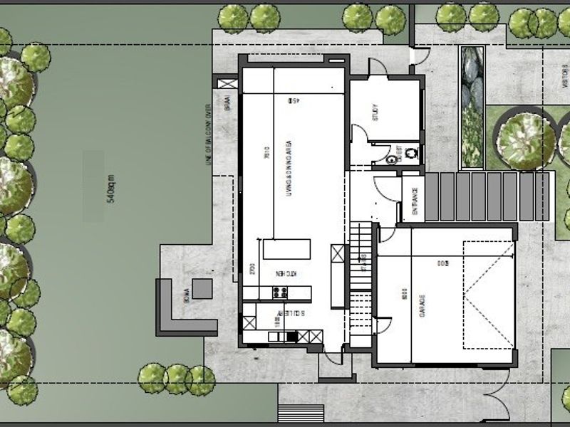Architectural floor plan showing the layout of the ground floor, including living areas, kitchen, garage, and outdoor space.