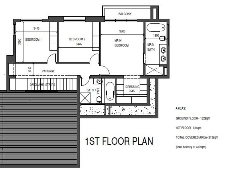 Architectural floor plan showing the layout of the first floor, including three bedrooms, two bathrooms, a dressing area, and a balcony.