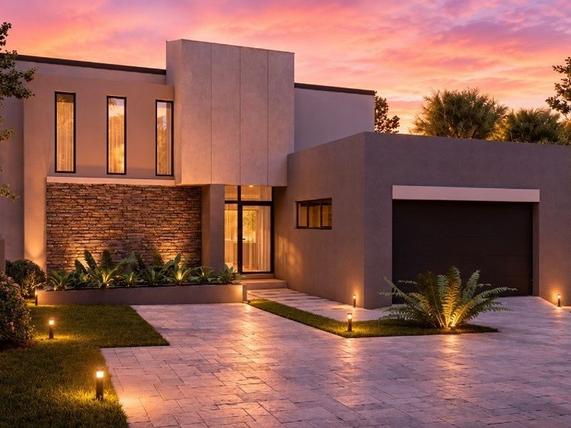 Modern architectural front facade featuring stone cladding, integrated landscape lighting, paved driveway, and a double garage at dusk.