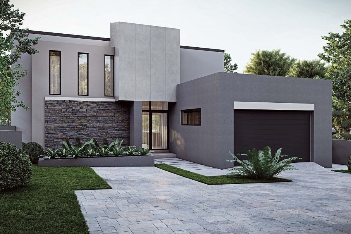 Modern architectural front elevation featuring stone cladding, clean grey render, integrated garage, and paved driveway with landscaped garden beds.