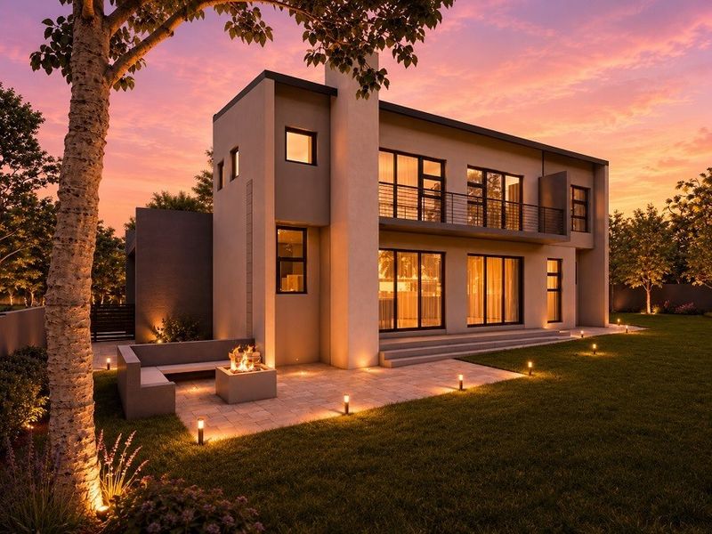 Modern two-story residence featuring a paved patio with a built-in fire pit, landscaped garden, and balcony overlooking the rear exterior.