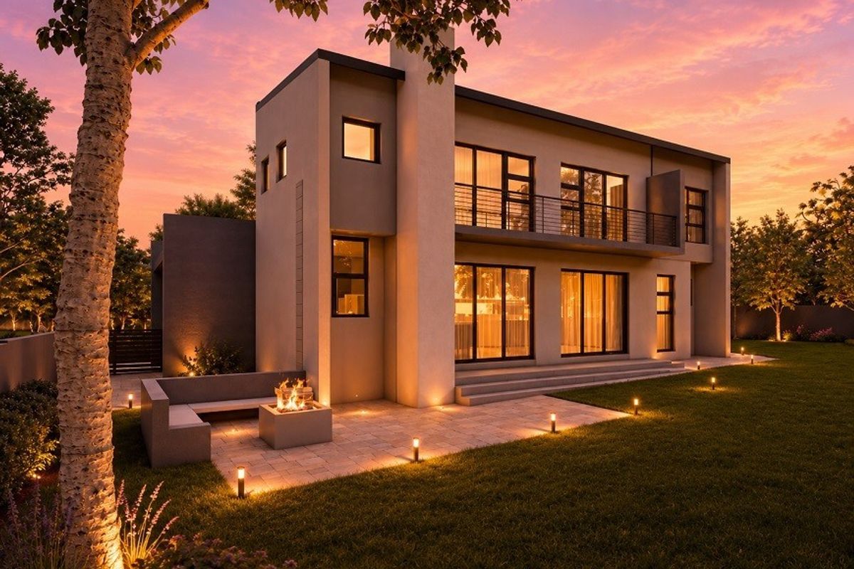 Modern two-story residence featuring a paved patio with a built-in fire pit, landscaped garden, and balcony overlooking the rear exterior.