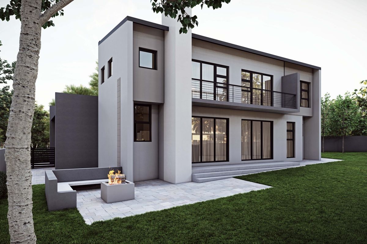 Modern two-story residential exterior featuring a paved patio area with a built-in fire pit, balcony, and landscaped garden.
