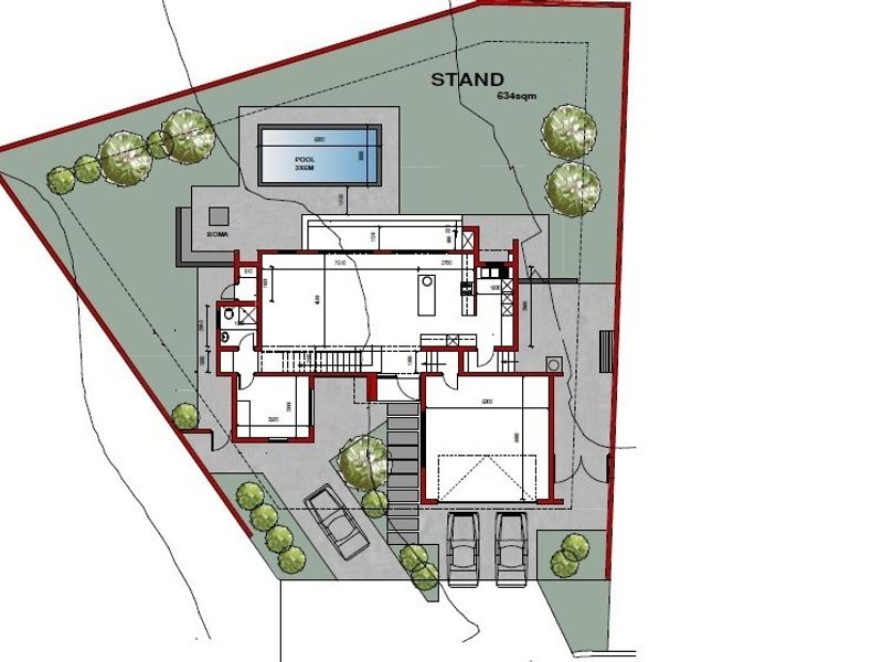 A detailed site plan and floor layout showing the property footprint, swimming pool, and driveway access on a 634sqm stand.