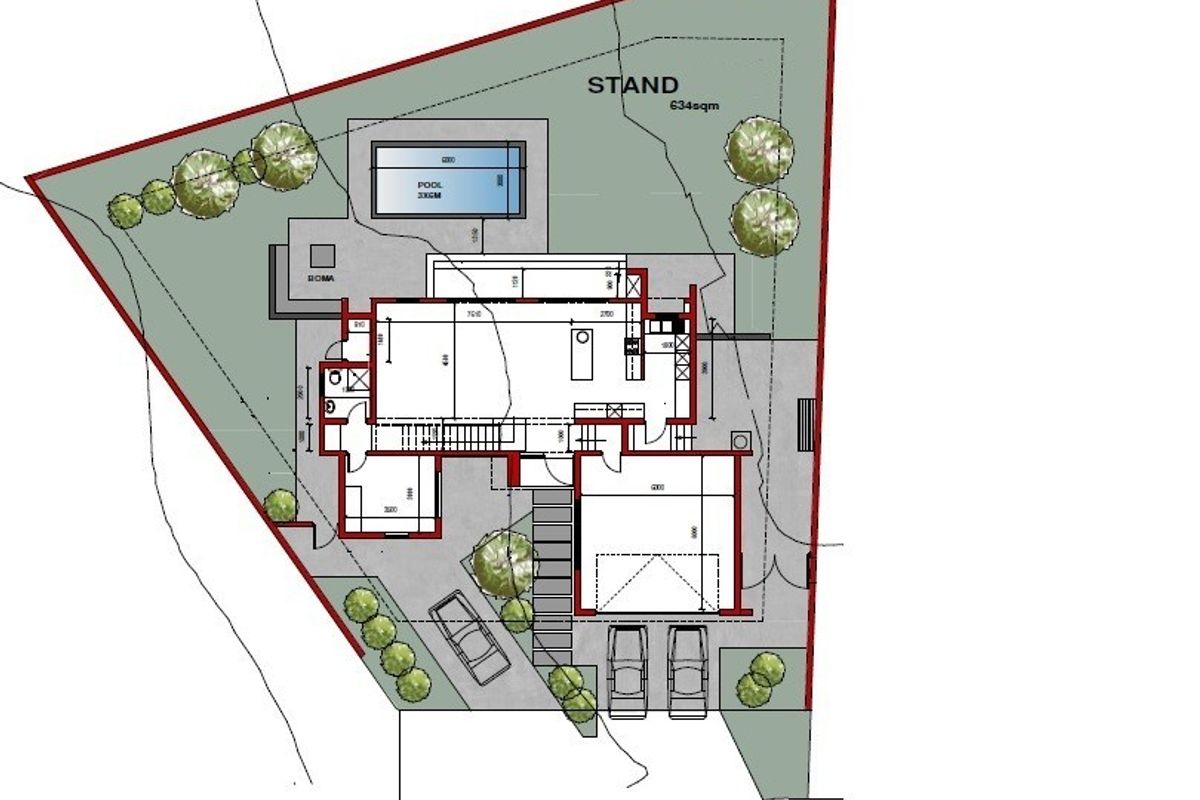A detailed site plan and floor layout showing the property footprint, swimming pool, and driveway access on a 634sqm stand.
