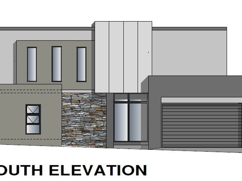 Architectural south elevation rendering showing a modern facade with stone cladding, vertical windows, and a garage door.