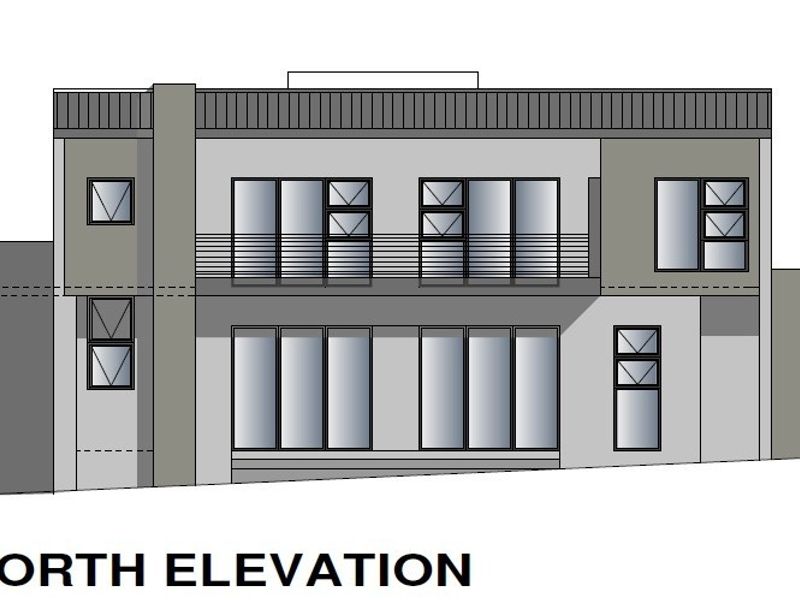 Architectural elevation drawing showing the north-facing facade of the modern two-story house design.