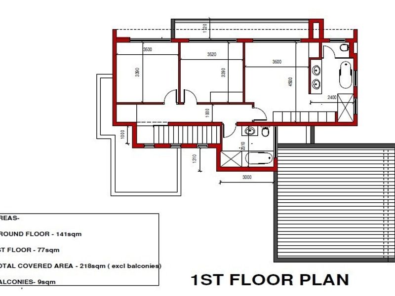 Architectural floor plan detailing the layout and dimensions of the first floor, including bedroom and bathroom configurations.