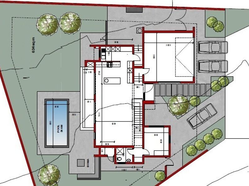 Architectural floor plan showing the layout of the property, including the house footprint, pool area, and driveway access on a 634 sqm plot.
