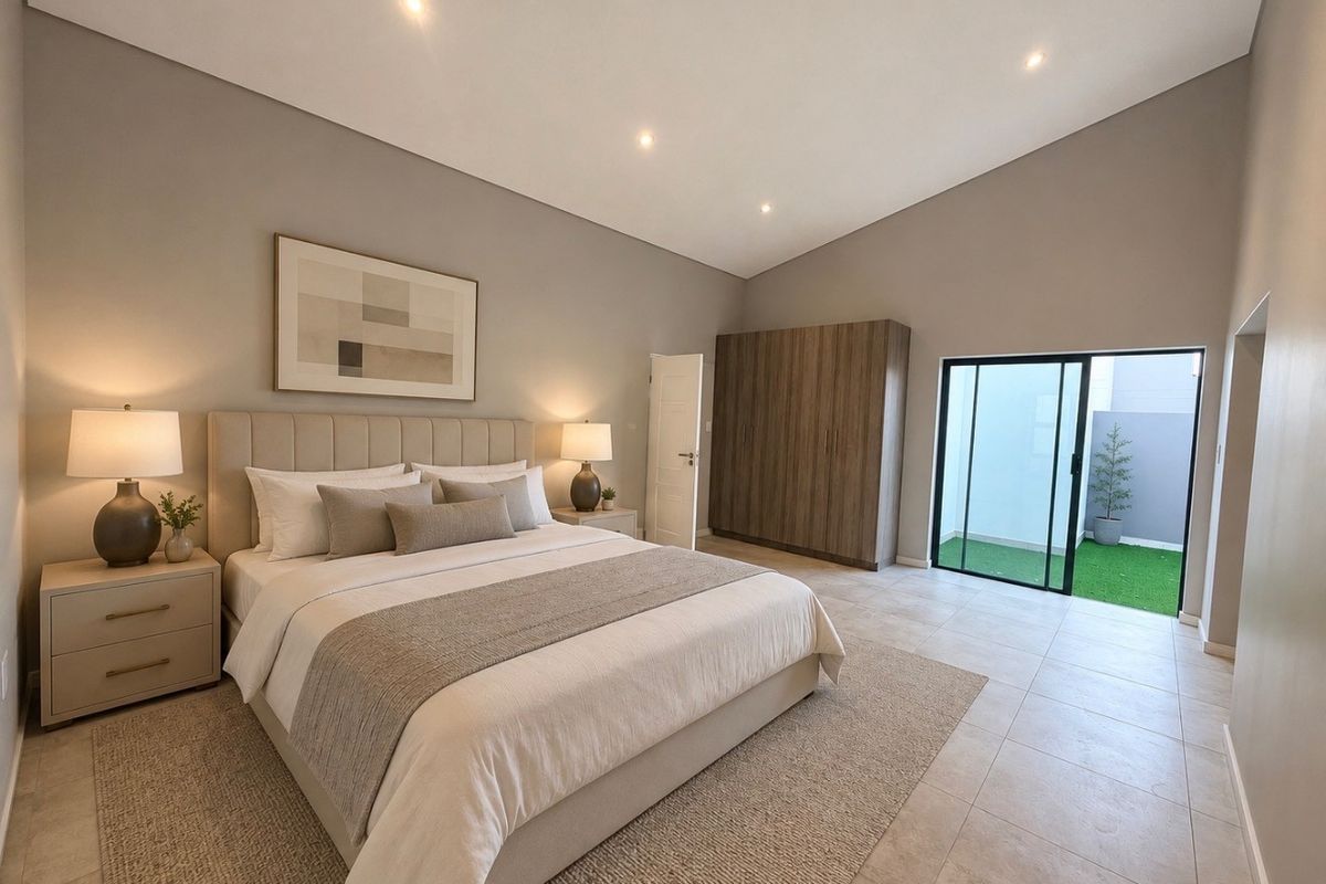 Spacious bedroom featuring high ceilings, built-in cupboards, recessed lighting, and direct access to a private outdoor area through sliding glass doors.