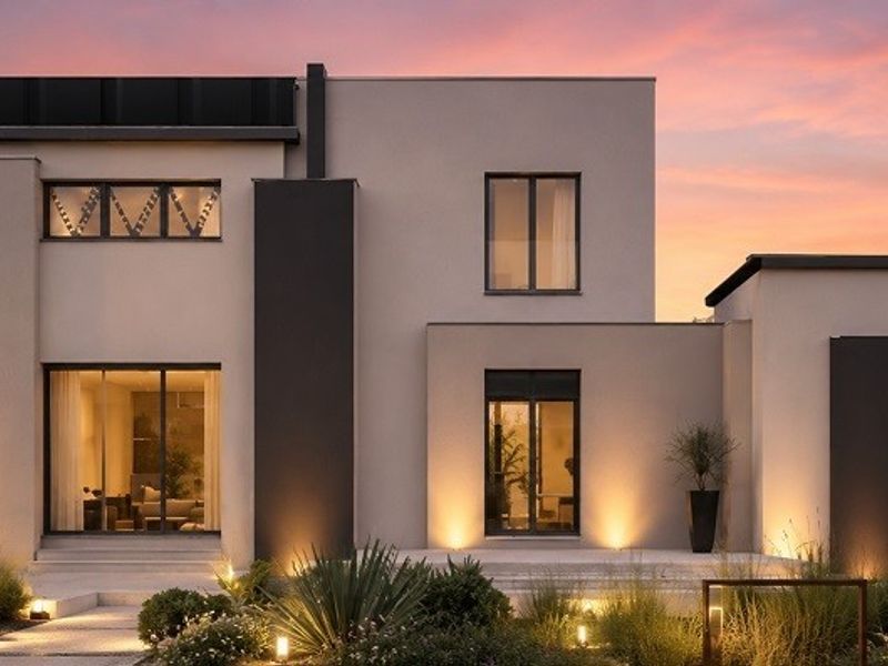 Modern architectural rear facade featuring clean lines, large glass sliding doors, integrated exterior lighting, and a landscaped garden setting at dusk.