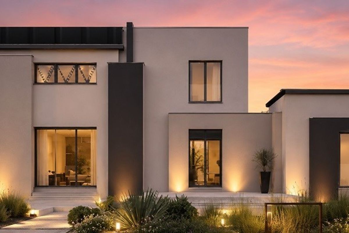 Modern architectural rear facade featuring clean lines, large glass sliding doors, integrated exterior lighting, and a landscaped garden setting at dusk.
