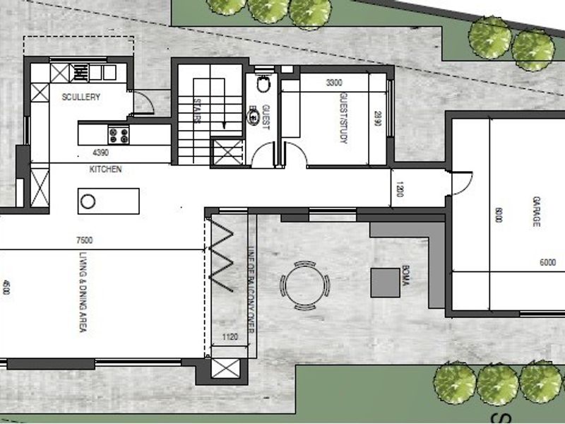 A detailed architectural floor plan showing the layout of the ground floor, including kitchen, living area, guest suite, and garage.