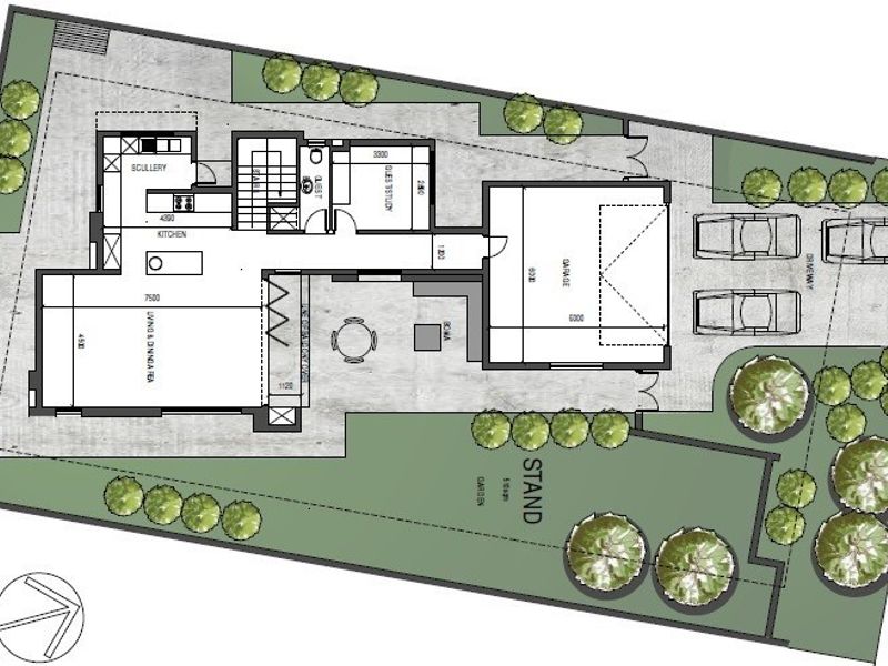 Architectural floor plan showing the layout of the house, including living areas, kitchen, scullery, garage, and garden space.