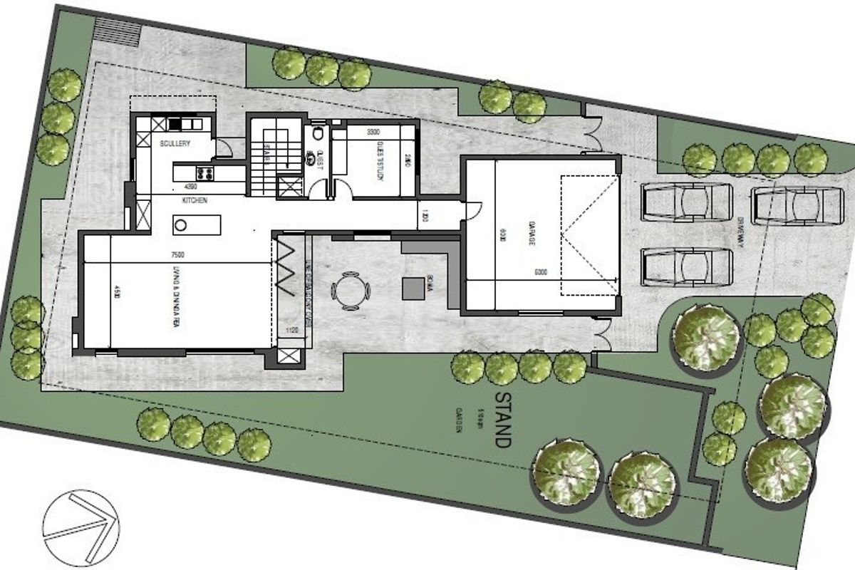 Architectural floor plan showing the layout of the house, including living areas, kitchen, scullery, garage, and garden space.