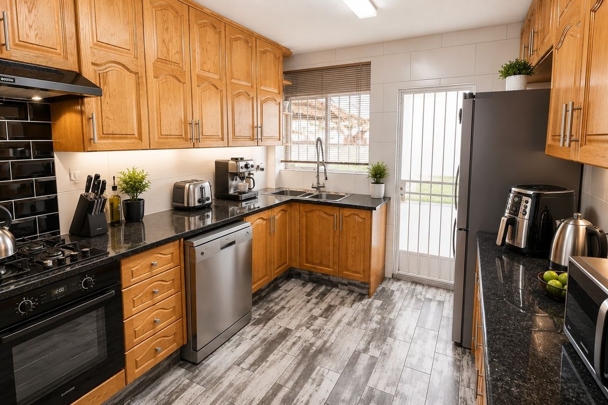 A functional kitchen featuring wood-finish cabinetry, dark granite countertops, a built-in gas hob, oven, extractor fan, and tiled flooring with direct access to the exterior.