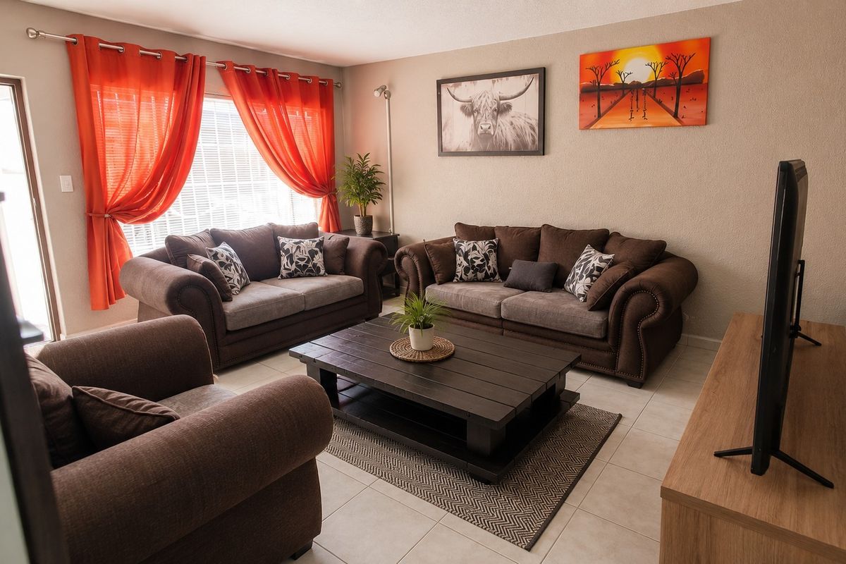 A comfortable living room featuring tiled flooring and large windows with curtains, providing a bright and inviting space for relaxation.