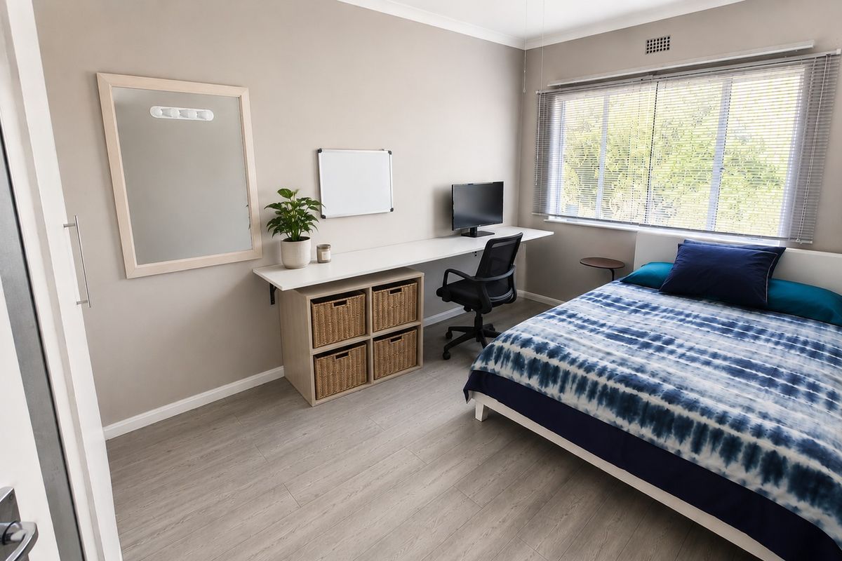 A well-maintained bedroom featuring light-toned laminate flooring, neutral wall finishes, and a built-in desk area with integrated shelving.