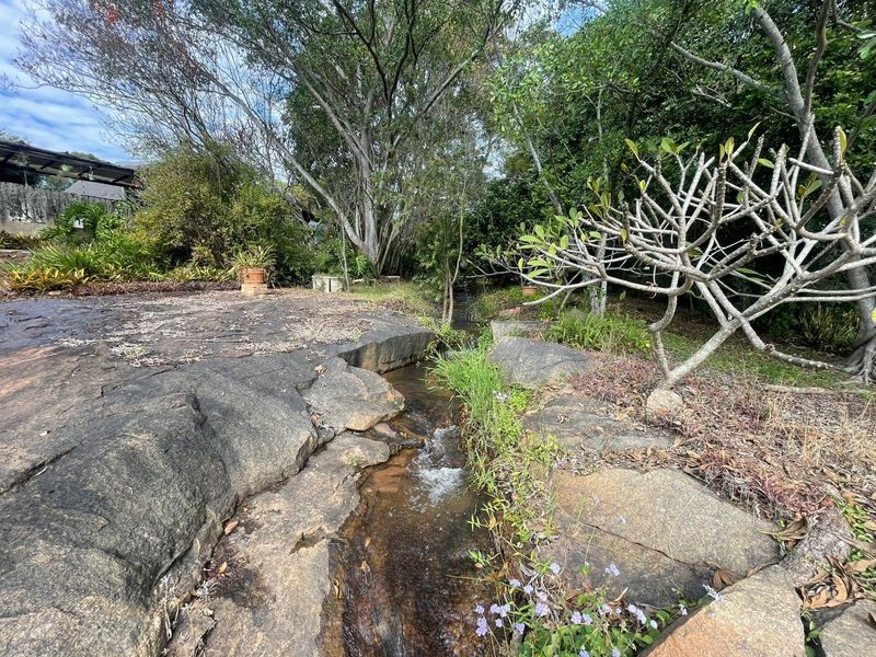 A tranquil garden setting featuring natural rock formations and a small flowing stream surrounded by mature trees and established landscaping.