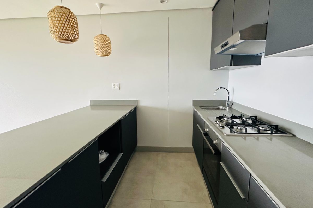Modern galley-style kitchen featuring dark cabinetry, stone countertops, a built-in gas hob, oven, and stainless steel extractor fan.