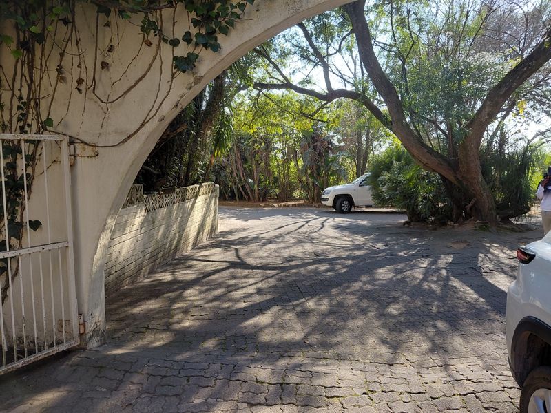 A view of the property entrance featuring a paved driveway, arched masonry structure, and mature trees providing shade.