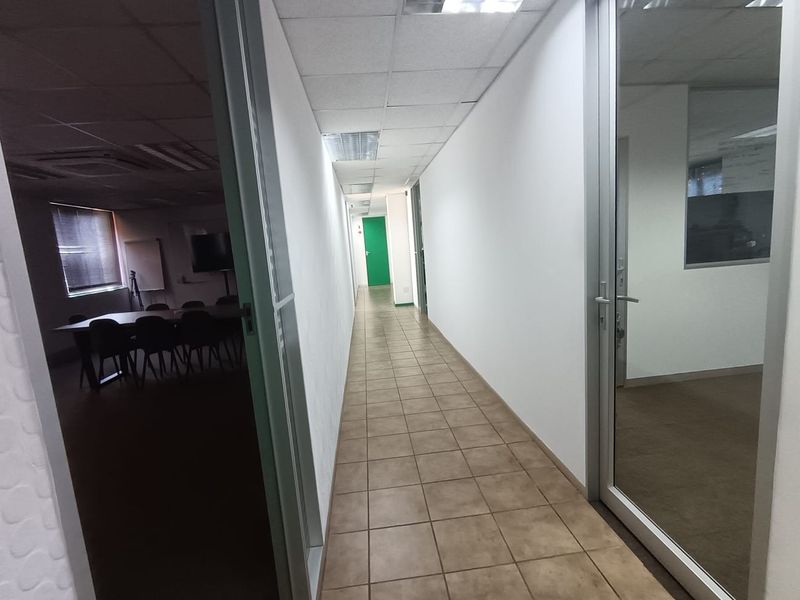 A functional office hallway featuring tiled flooring, suspended ceiling tiles, and glass-paneled office doors leading into adjacent workspaces.