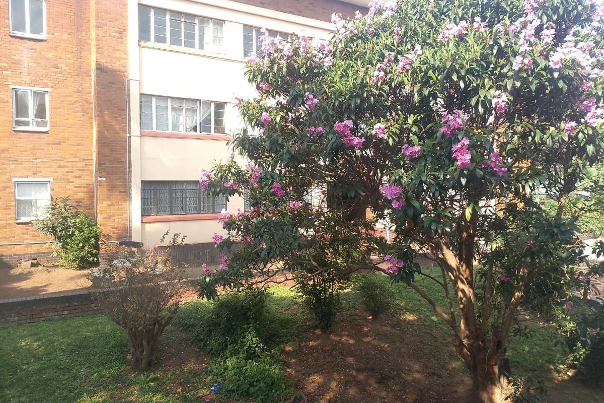 Exterior view of an apartment building facade featuring brick construction, multi-pane windows, and a landscaped garden area with mature flowering trees.