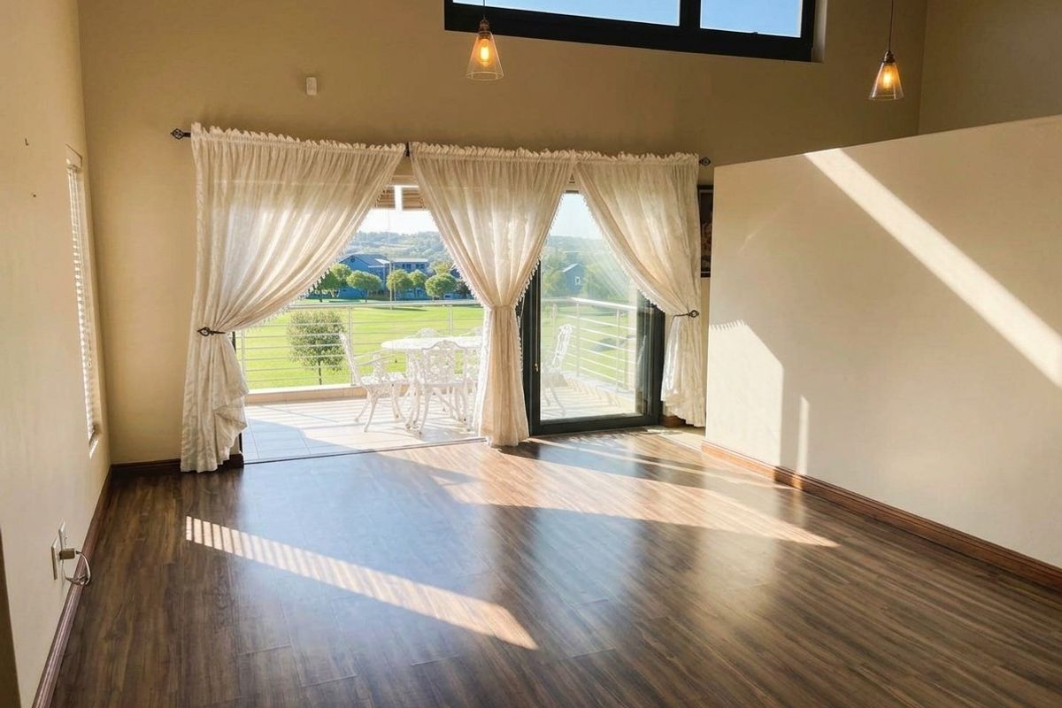 Spacious living area featuring high ceilings, laminate flooring, and large sliding glass doors opening onto a balcony with scenic views.