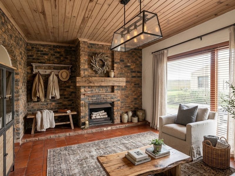 Cozy living room featuring a prominent exposed brick fireplace, warm timber ceiling, and classic terracotta floor tiles, creating a rustic and inviting atmosphere.