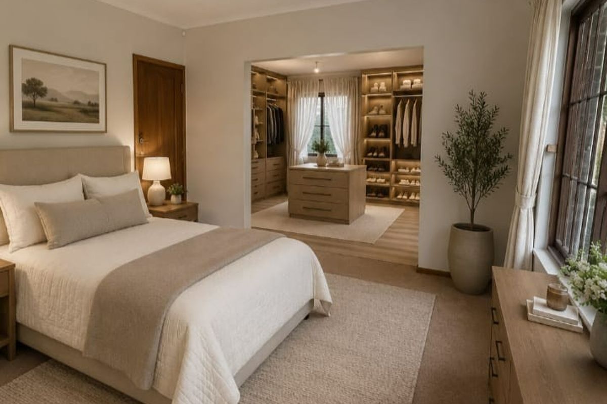 A well-appointed bedroom featuring neutral tones, carpeted flooring, and an integrated walk-in closet with custom cabinetry and built-in shelving.