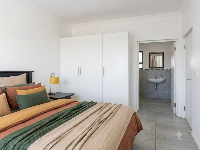 A well-maintained bedroom featuring built-in wardrobes, tiled flooring, and direct access to an en-suite bathroom with modern finishes.