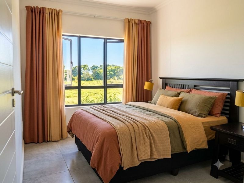 A well-lit bedroom featuring tiled flooring, a large casement window with natural views, and classic cornice detailing.