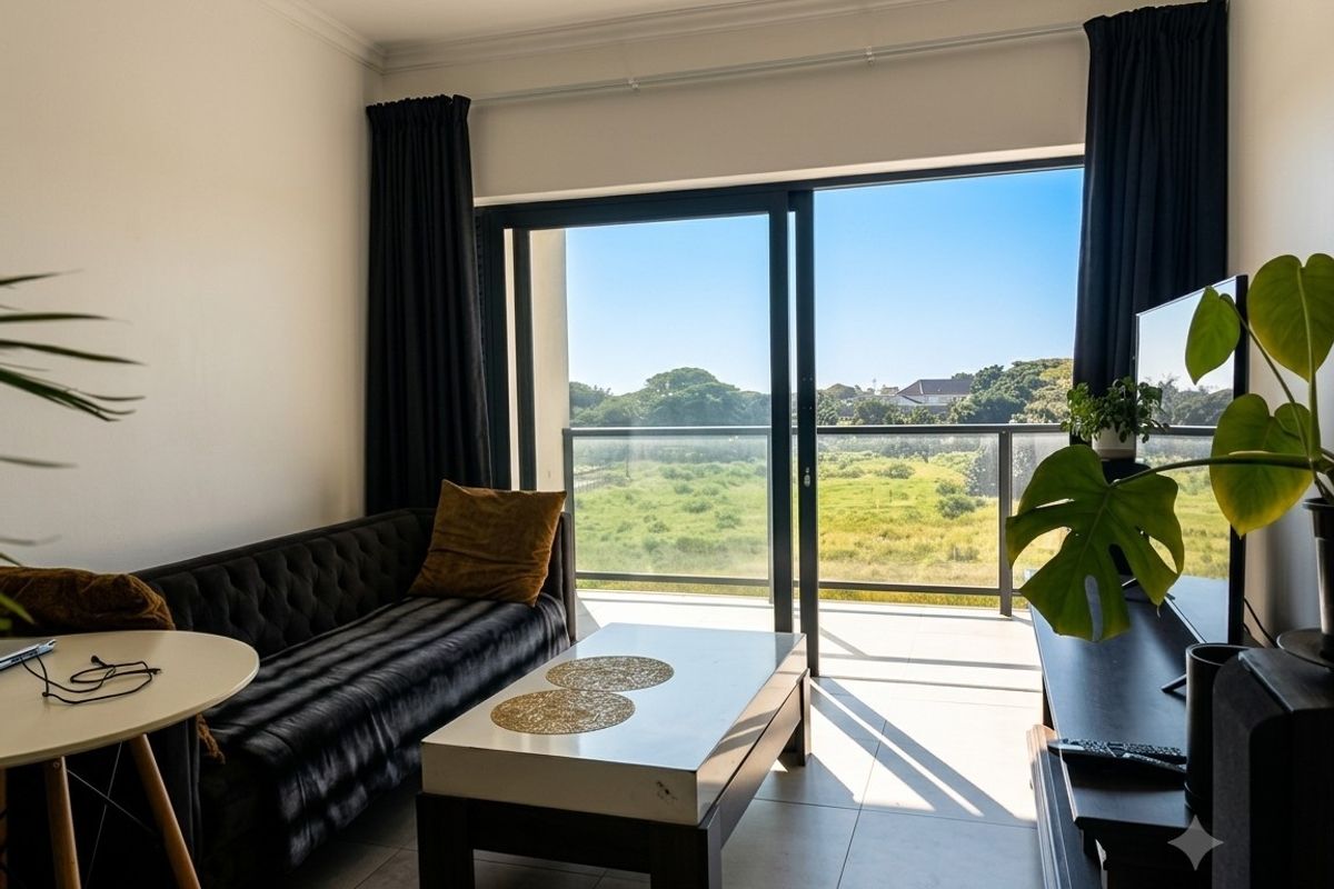 A bright living room featuring large sliding glass doors that open onto a balcony with scenic green views and tiled flooring throughout.
