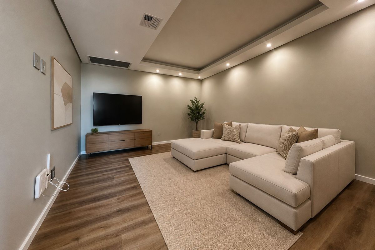 A modern, well-lit living room featuring a recessed tray ceiling with integrated downlighting and durable wood-look flooring.