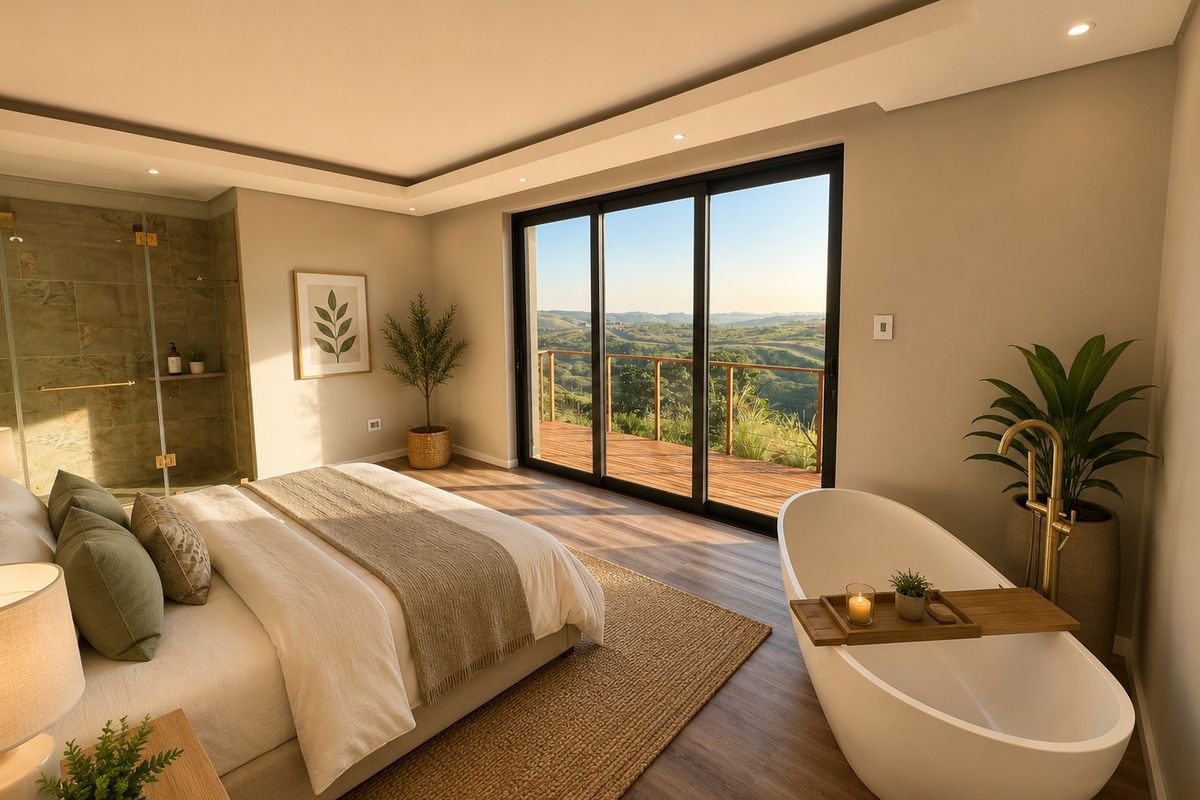 A luxurious master bedroom suite featuring an open-plan layout, a freestanding bathtub, a glass-enclosed shower, and sliding doors opening to a scenic balcony.