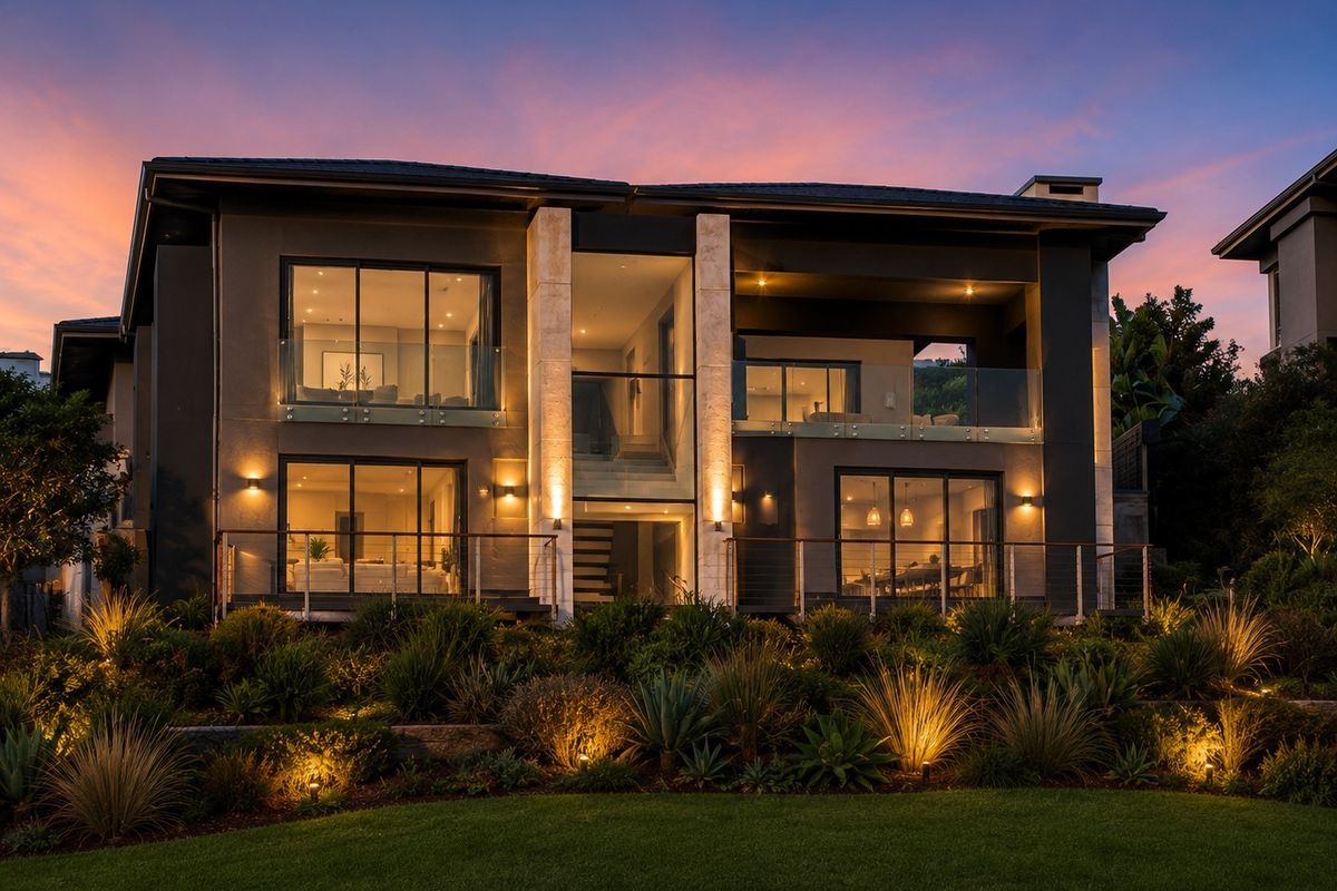 A stunning modern multi-level residence featuring expansive glass facades, integrated balcony spaces, and sophisticated exterior lighting set against a beautifully landscaped garden.