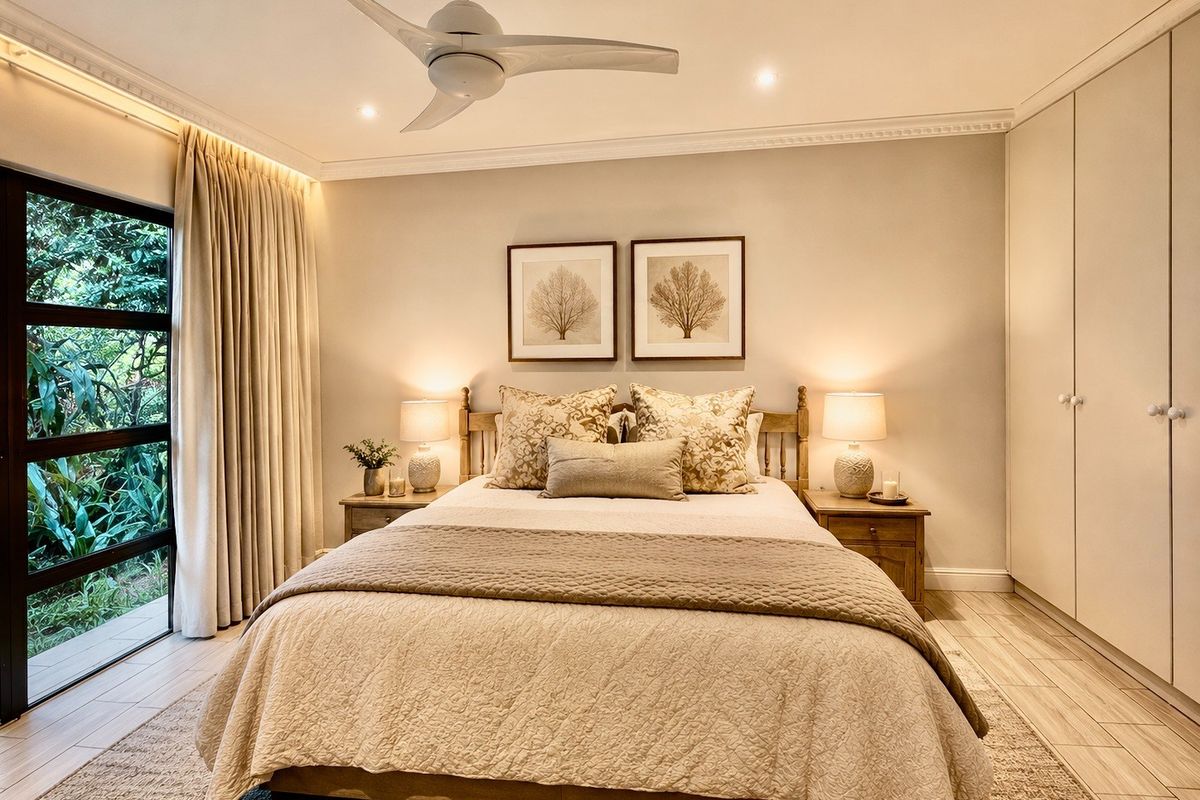 A well-maintained bedroom featuring built-in wardrobes, a ceiling fan, recessed lighting, and large glass sliding doors providing access to the garden.