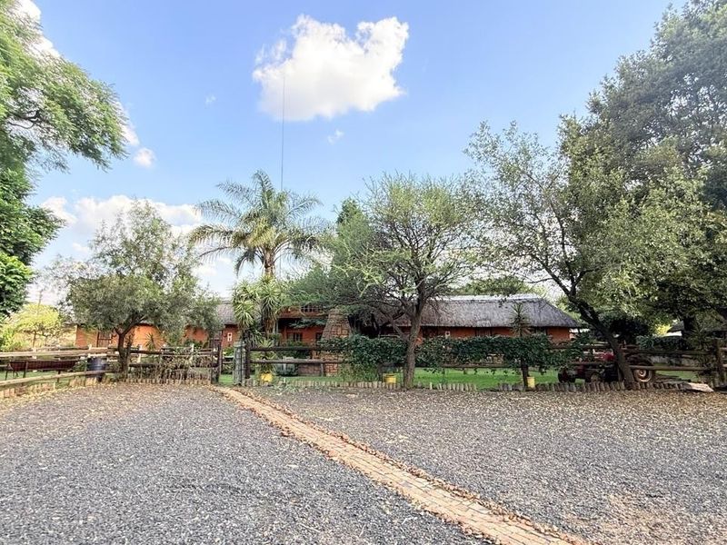 A rustic small holding property featuring a thatched roof dwelling, mature garden landscaping, and a gravel driveway with a brick walkway.