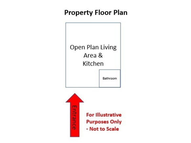 A simplified illustrative floor plan showing an open plan living area with a kitchen and a separate bathroom.
