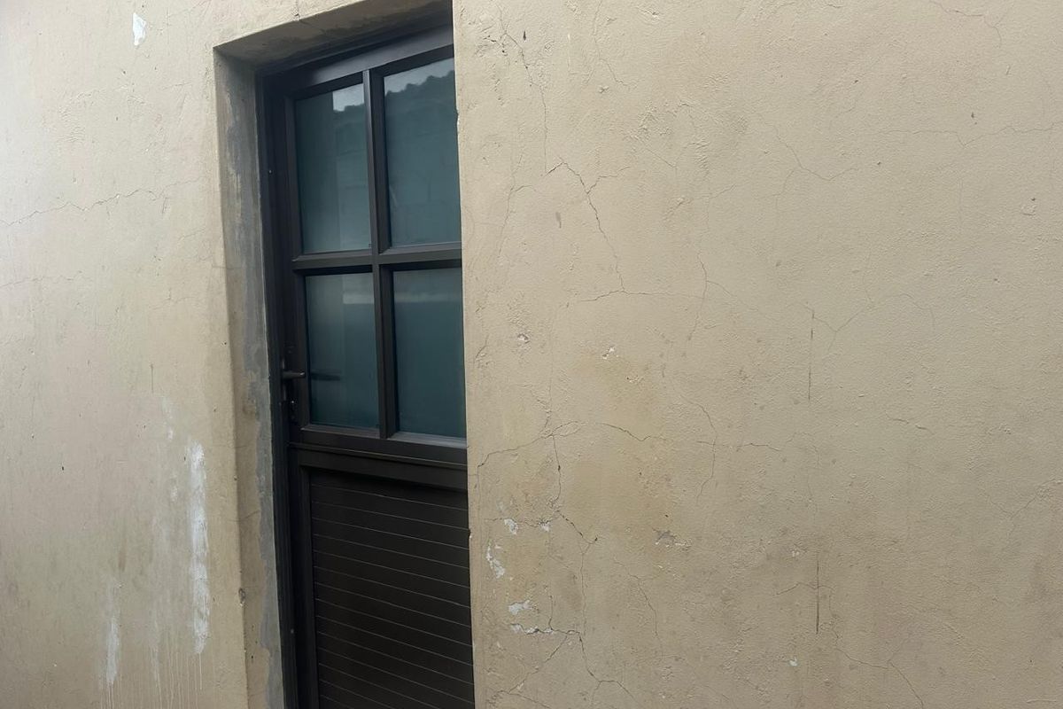 Exterior view of a building wall featuring a dark-framed door, showing significant signs of plaster cracking and weathered paintwork.