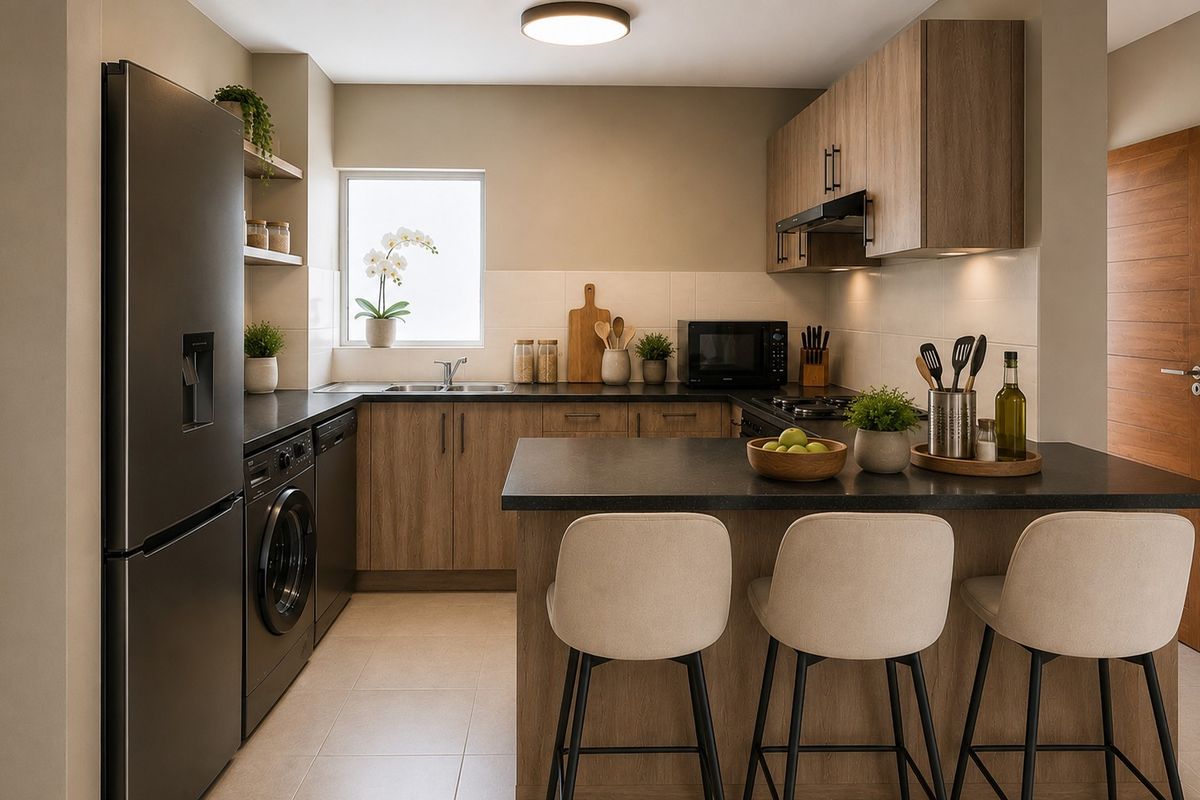 Modern kitchen featuring wood-finish cabinetry, dark countertops, a functional island with seating, and integrated appliances including a washing machine.