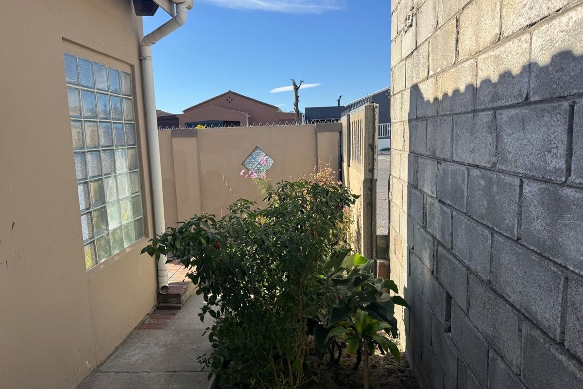 A narrow side passage featuring a glass block window, paved walkway, and boundary walling.